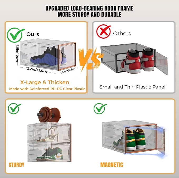 6 Pack Plastic Shoe Storage Box Organizer Magnetic Stackable | Upgraded Thicken Material, Stackable Space-saving, Fits Sneakers & Boots, Sturdy Shoe Box, Magnetic Door, Easy Assembly