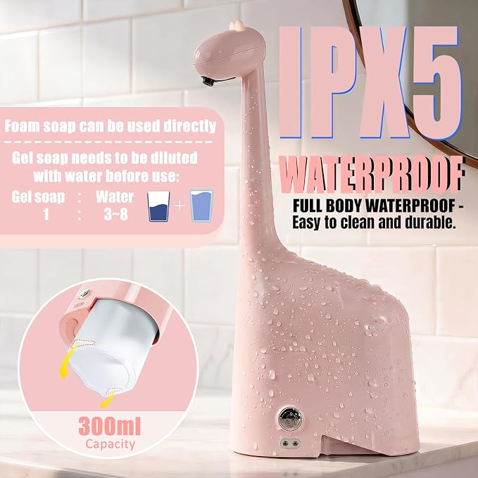 Automatic Soap Dispenser,Cute Dinosaur, Touchless, Rechargeable Foaming Soap Dispenser, 10oz/300ml, 3-Level Adjustable Foam, IPX5 Waterproof for Bathroom, Kitchen, Hotel,Restaurant, Pink