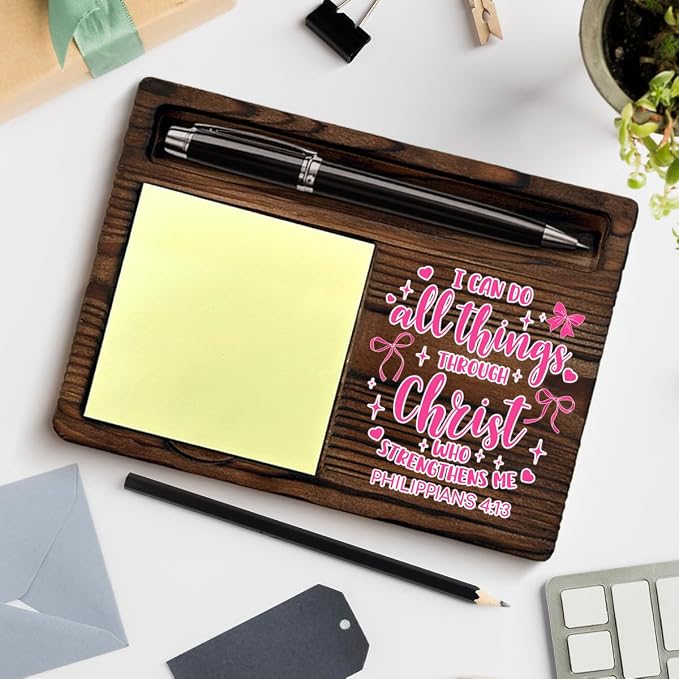 Christian Pink Bow Coquette Sticky Note Holder Bible Verse Philippians 4:13 Post It Note Dispenser for Office Home Desk Decor, Christian Religious Gifts for Women Girls Sister Friends Coworker