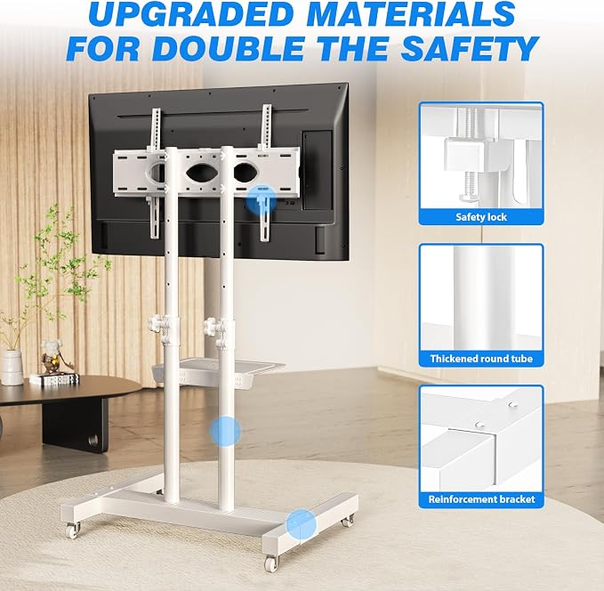 Rfiver Mobile TV Cart Rolling TV Stand for 32-83 Inch Screen Flat/Curved TVs up to 110lbs, Tilt and Height Adjustment Portable TV Stands on Wheel with Laptop Shelf, Outdoor TV Stand MAX VESA 600x400mm