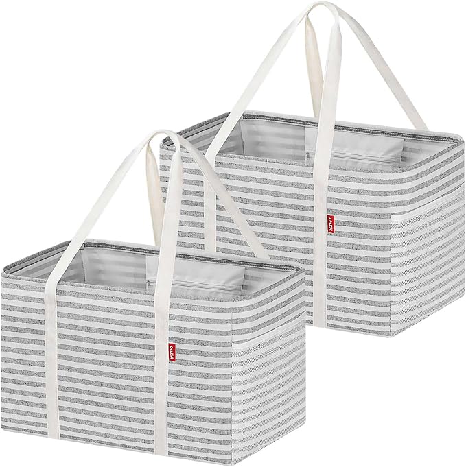 LHZK 2 Pack Utility Tote Bag with Metal Wire Frame and the Sides Rinforced, Large Tote Bag with Handle, Reusable Grocery Bags Foldable, Beach Bag, Car Tote (Gray, 18.5''x11.8''x11.5'')