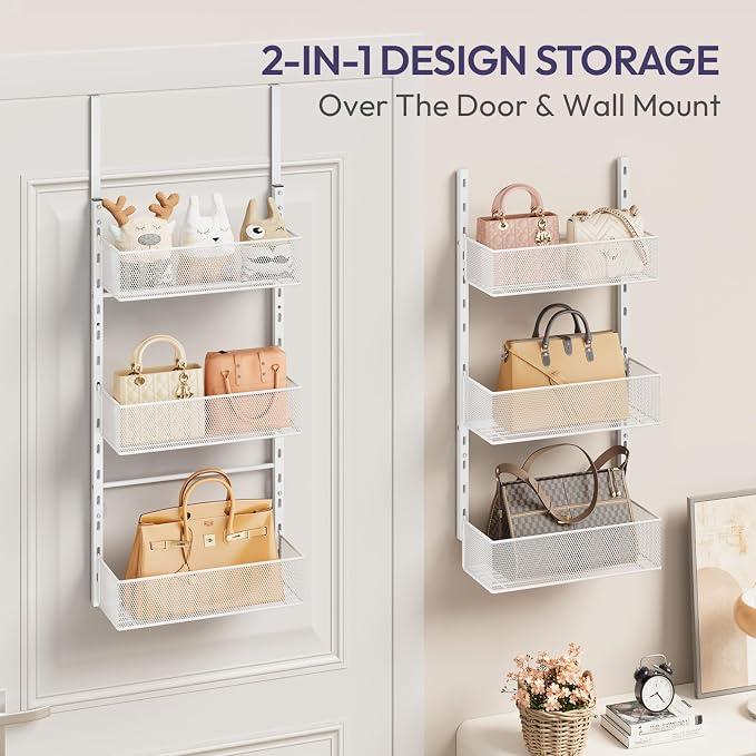 SWTYMIKI Over The Door Purse Organizer - Wall Mounted Purse Rack with 6 Adjustable Metal Basket, Hanging Bag Rack for Handbag Organizer, Bag Storage Can Use As 1/2 Part, for Door