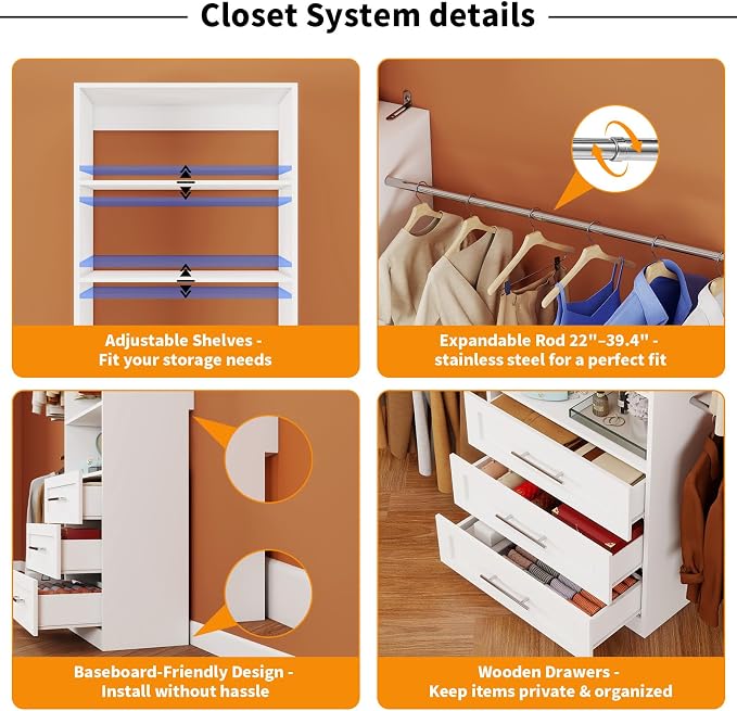 Closet System with 3 Sets, 6FT-15FT Closet Organizer Systems with 6 Wooden Drawers 8 Shelves & 4 Hanging Rods, Walk in Closet freestanding Corner Modular Closet Storage System White (6FT)