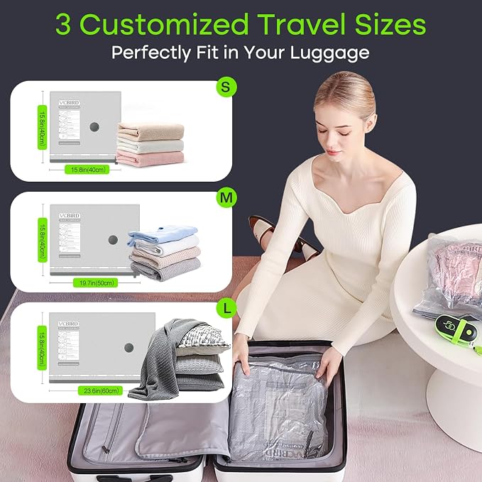 Vacbird Vacuum Bags for Travel with USB Pump, 17 Pack Compression Travel Vacuum Bags for Luggage and Suitcase, Carry-on Size Space Saver Bags for Clothes and Clothing