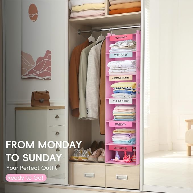VERONLY Weekly Hanging Closet Organizer for Kids, 6-Shelf Clothes Storage with Labeled Days of The Week Monday Through Friday, Weekday and Weekend, Days of the Week Clothes Organizer