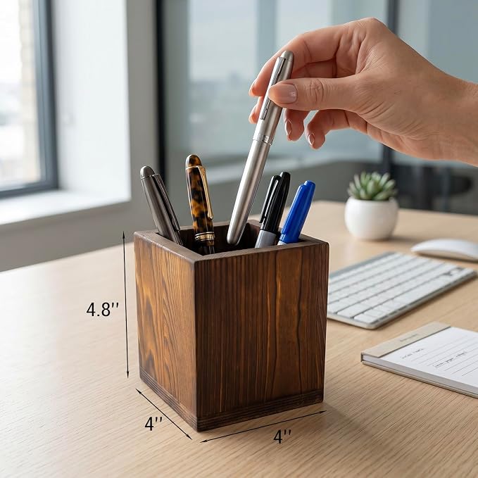 MyGift Set of 2 Natural Grain Wood Desktop Pen Holder Pencil Holder Cup, Office Dorm Home Desk Supplies Organizer