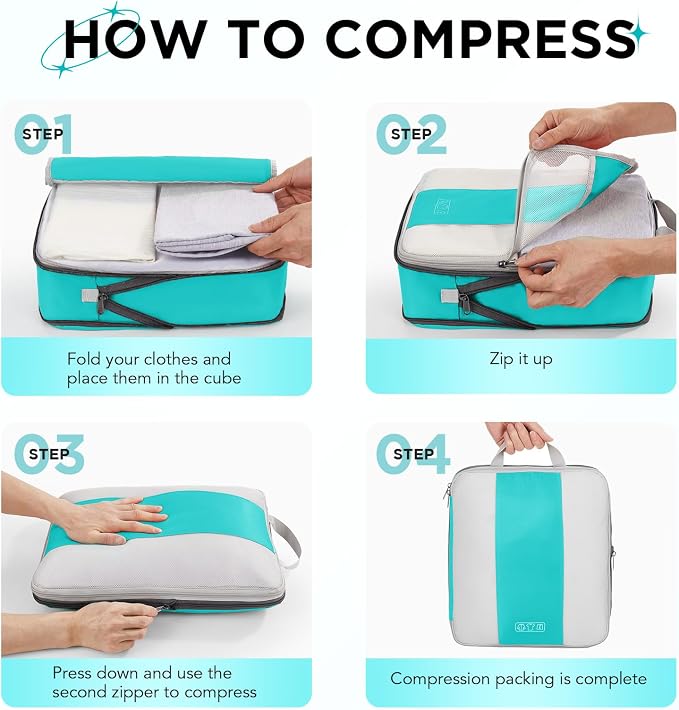 OlarHike 10 Set Compression Packing Cubes for Travel Essentials,Compressible Expandable Space Saver Bags for Organizing Clothes,Luggage Suitcase Garment Bags with Over 1000 pcs Mesh Holes(Blue Green)