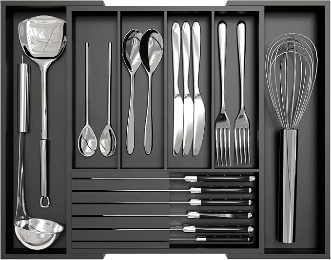 Bamboo Kitchen Silverware Drawer Organizer - Expandable Wood Utensil Holder with Dividers, Luxury Cutlery Storage Tray for Kitchen Utensil and Flatware (5-7 Slots with Removable Knife Block, Black)