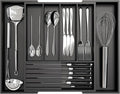 Bamboo Kitchen Silverware Drawer Organizer - Expandable Wood Utensil Holder with Dividers, Luxury Cutlery Storage Tray for Kitchen Utensil and Flatware (5-7 Slots with Removable Knife Block, Black)