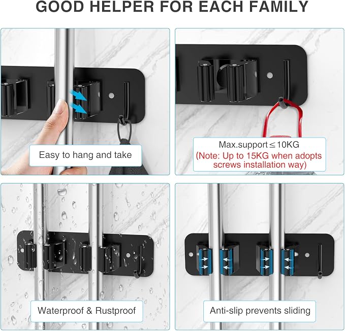homeasy Wall Mount Mop and Broom Holder, Heavy Duty Stainless Steel Organizer Rack with Hooks | 4-Pack, 2-in-1 No Drill & Screw Installation, Black
