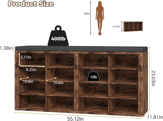 Shoe Storage Bench with Cushion Shoe Rack for Entryway 16 Cubby Multifunctional Organizer Bench Entryway with Soft Sponge Cushion for Hallway Living Room Bedroom (Rustic Brown & Dark Gray)