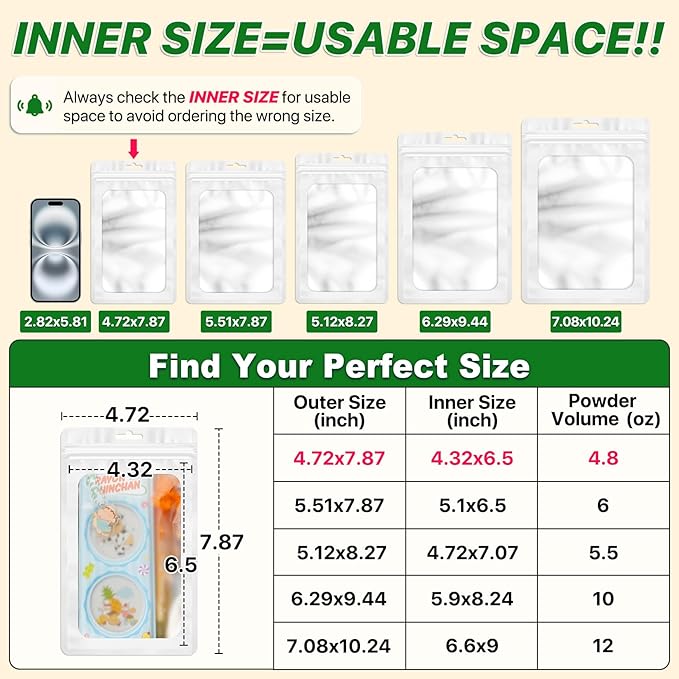 ANZNKU 100 PCS Resealable Mylar Bags with Frosted Clear Window Packaging Bags Foil Pouch Zipper Bag for Food Self Sealing Storage Supplies(4.72x7.87, White)