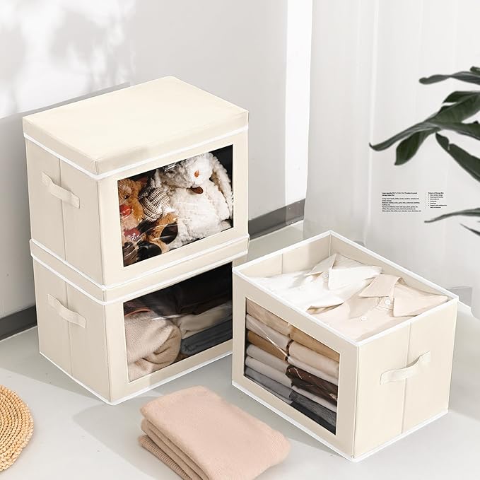 Homsorout Stackable Storage Bins with Lids - Medium Storage Box with Lids, Foldable Closet Boxes for Organizing, Wardrobe Clothes Organizer with Window, Fabric Bins for Living Room, 6 Pack, Beige