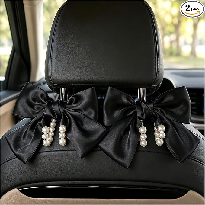 2 PCS Bow Pearl Car Seat Headrest Hook, Auto Rear Seat Hanging Organizer Elegant Pearl Decoration, Cute Bow Vehicle Interior Seatback Storage Hooks for Handbags Purses Groceries (Black)