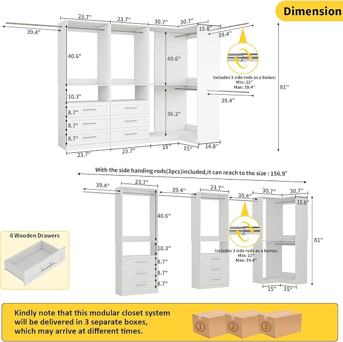 Corner Closet System with 6 Drawers, Closet Organizer 3 Sets,White | 7 Hanging Rods, Heavy Duty Walk in Wooden Modular Storage System, Custom L-Shaped U -Shaped Freestanding 2000+ Lbs Capacity
