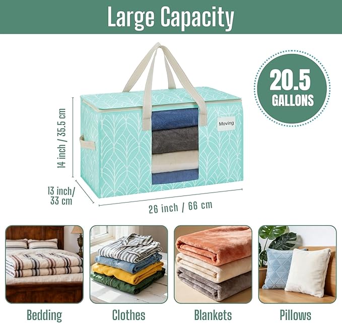 VENO 4 Pack Heavy Duty Moving Bags, Clothes and Comforter Storage Bags with Clear Window, College Dorm Essentials Packing Supplies, Foldable Boxes Alternative (Evergreen, 4 Pack)
