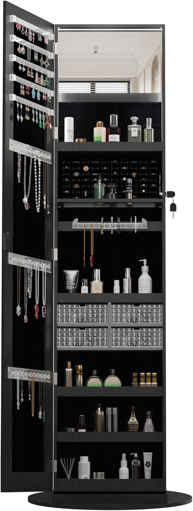 62" 360° Swivel Freestanding Storage Chest, Jewelry Cabinets with Interior Light, Utility Organizer with Lockable Design for Home Dressing, Black