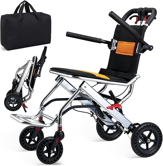 Ultra-Lightweight 19lbs Foldable Transport Wheelchair for Seniors - Portable Aluminum Travel Wheelchair with Carrying Bag, Supports 220lbs Capacity
