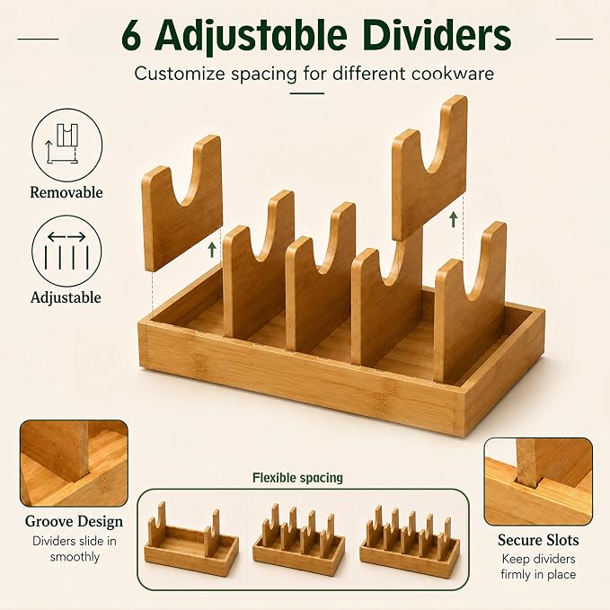 Pull Out Pots and Pans Organizer, Bamboo Cabinet Storage Rack | Pots and Pans Organizer Under Cabinet, Bamboo Sliding Rack with Adjustable Dividers for Lids, Bakeware, Cutting Boards