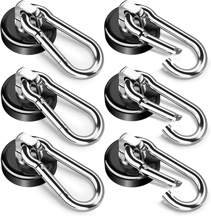FINDMAG Magnetic Hooks with Swivel Carabiner, 70LBS Neodymium Magnet Hooks Heavy Duty, Strong Magnetic Hooks for Hanging Magnet with Hook for Kitchen, School, Warehouse, Home (6Pack)