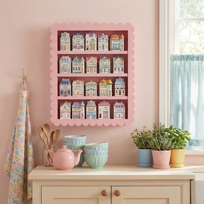 Chunful Spice Jar Wooden Rack Pink Sweet Scalloped Spice Shelf for 24 Jars, Village Style Wall Mounting Kitchen Storage Decorative Hanging Display Rack, Shelf Only(18.5 x 15.7 Inches)