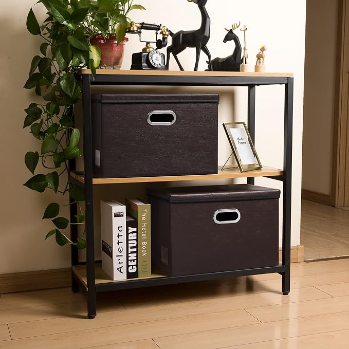 PRANDOM Foldable Storage Bins with Lids [5-Pack] Leather Fabric Collapsible Storage Boxes Organizer Containers Baskets Cube with Cover for Bedroom Closet Office Nursery Brown 14.9x10.8x10