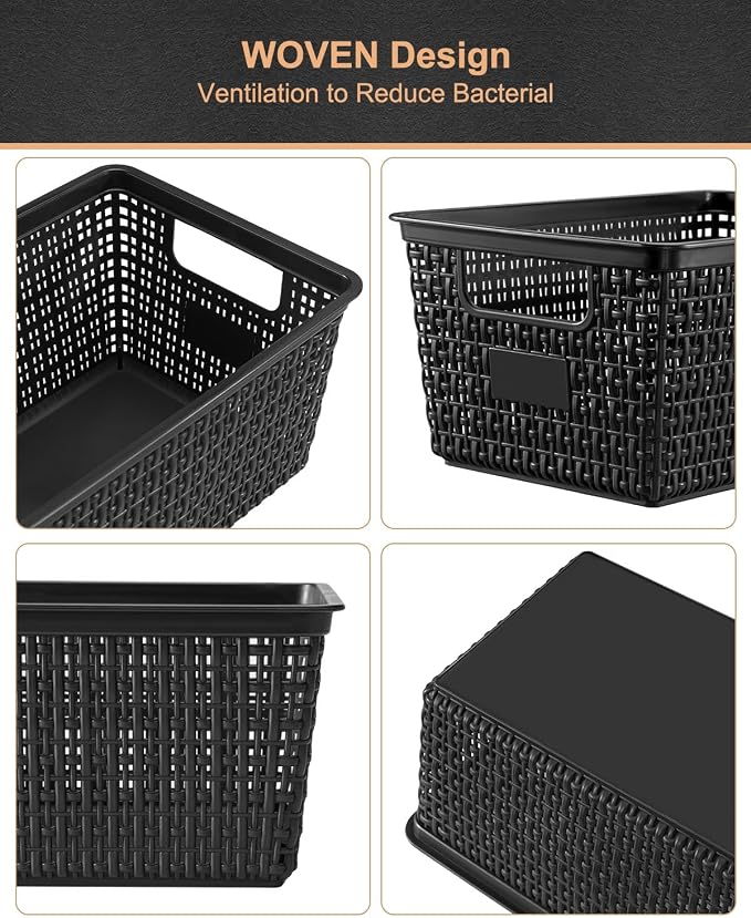 Set of 6 Baskets For Organizing, Plastic Storage Bins and Small Basket for Organization and Storage Shelves Drawers Desktop Closet Playroom Classroom Office, Black