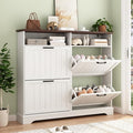 Shoe Storage Cabinet with 4 Flip Drawers, Farmhouse Modern Hidden Shoes Rack Cabinet with Adjustable Shelves & Open Storage, Narrow Slim Shoe Organizer for Front Door Entrance, Entryway, Antique White
