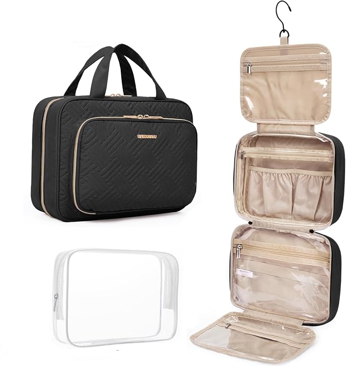 BAGSMART Toiletry Bag Hanging Travel Makeup Organizer with TSA Approved Transparent Cosmetic Bag Makeup Bag for Full Sized Toiletries, Large-Blck