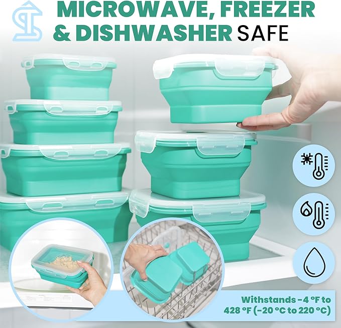 8PCS Collapsible Food Storage Containers With Lids - Camping Silicone Bowl, RV Kitchen Essentials Container, Non Plastic Meal Prep, Non Toxic Freezer Bowls, Travel Zip Top Reusable
