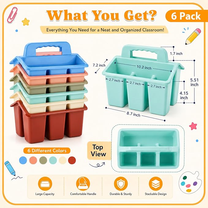 Plastic Classroom Caddy with Handle, 6 Pack 4-Compartment Teacher Supply Organizer, Stackable Desk Caddies for Pencils, Markers, Crayons, Art Craft Supplies, School Office Home, Modern Pastel Colors