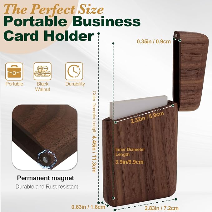 Wood Business Card Holder Wooden Magnetic Business Card Case Portable Simple (Black Walnut)