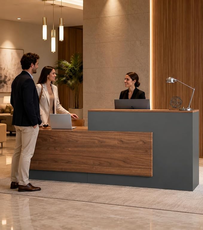 Modern L-Shaped Reception Desk with Counter - 87 inch Front Desk with Storage Cabinet, Open Shelves, Lockable Drawer & Keyboard Tray for Office, Lobby, Checkout (Red Walnut & Iron Gray - Left)