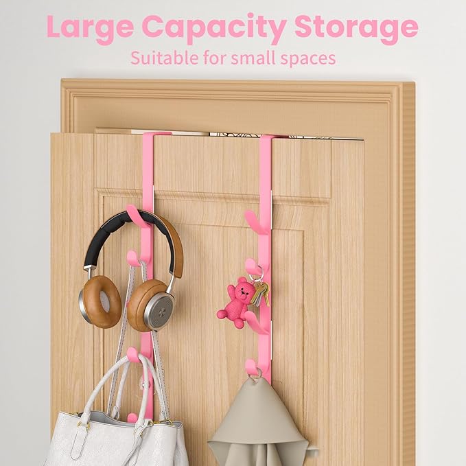 Kaiferty Over The Door Hooks, Metal Door Hooks for Hanging, Over The Door Purse Organizer for Door Coat Hanger, Back of Shower for Hanging Towel Rack Clothes, Hat, Bathroom, Closet (Pink-2Packs)