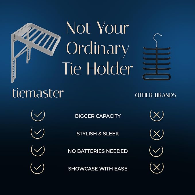 TieMaster Tie Rack and Scarf Organizer, Battery-Free Design, Holds 60 Ties and Scarves with 5 Belt Hooks, Easy Installation, Wall Mounted Tie Organizer, for Men & Women