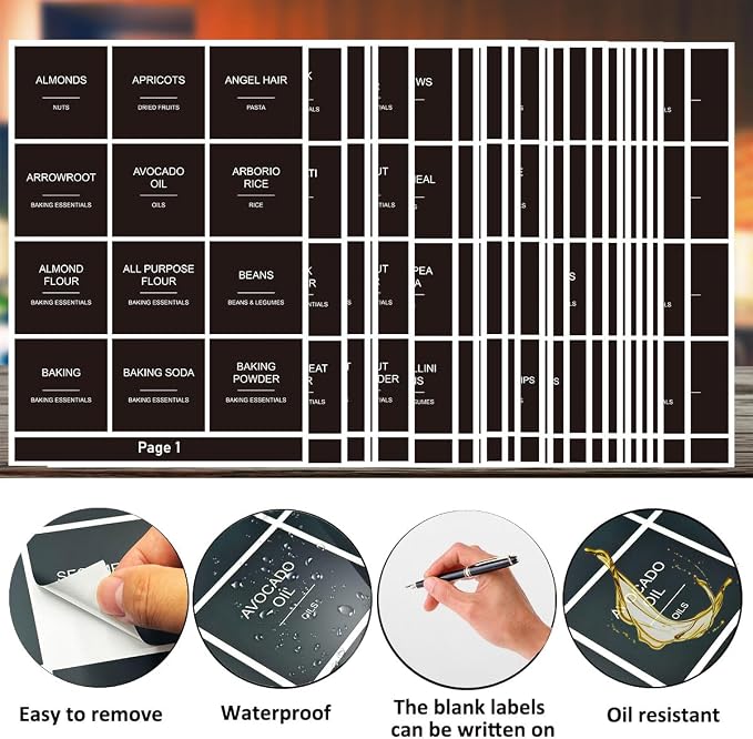 300pcs Pantry Labels for Food Containers, Preprinted Minimalist Waterproof Stickers Removable Black Kitchen Food Labels Expiration Date Labels for Organizing Storage Bins Jars Bottles Boxes