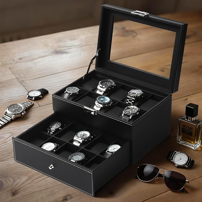 Kukikan Watch Case, 20-Slot 2-Layer Watch Box with Large Glass Lid, Watch Storage Organizer with Removable Watch Pillows, Men's Jewelry Box with Lock, Watch Holder Display Case, Fathers Day Gift