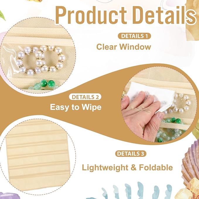 4 Pcs Hanging Jewelry Organizer with 80 Pockets | Dual-Sided Jewelry Holder Hanging Storage Organizer Hanger Closet for Bracelet Necklace Ring Earring Accessories, Beige