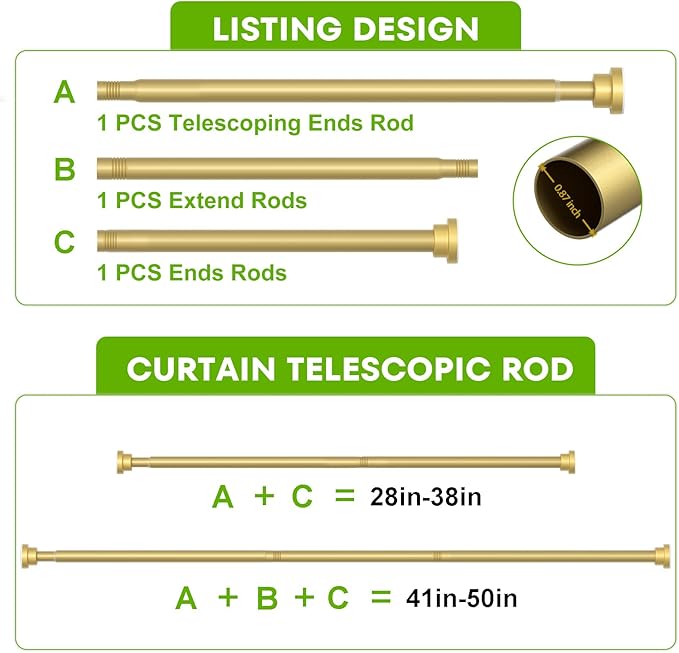 2 Pack Tension Curtain Rod 28-48Inch Curtain Rods for Windows Gold Spring Curtain Rod no Drilling Adjustable Expandable Tension Rods for Windows,Doorway,Closet,Bedroom