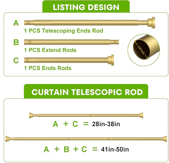 Tension Curtain Rod 28-48Inch Curtain Rods for Windows Gold Spring Curtain Rod no Drilling Adjustable Expandable Tension Rods for Windows,Doorway,Closet,Bedroom
