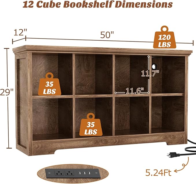 Aheaplus Wooden 8-Cube Storage Organizer with Charging Ports, Modern Cube Bookcase with Base, 3-Tier Floor Standing Open Cubbies Bookshelf, Cubicle Display Shelf for Home and Office, Cracked Oak