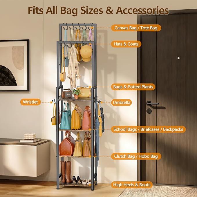 Tall Purse Organizer for Closet: 4-Tier Double Rods Purse Rack Stand,Black | With 10 Purse Hanger & 6 Side Hooks, Visible Backpack Handbag Storage, Space-Saving Narrow Purse Shelf for Small Space, Home