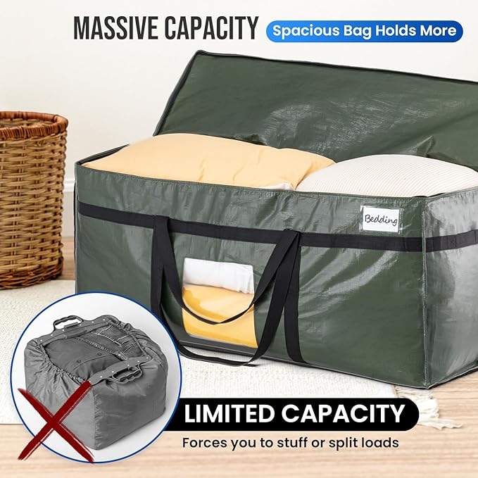 TAILI 69 Gallon Extra Large Storage Bags, XXL Green Heavy Duty Moving Bags For Storage with Visible Window, Wrap Around Handles, Totes for Space Saving, Alternative to Moving Boxes