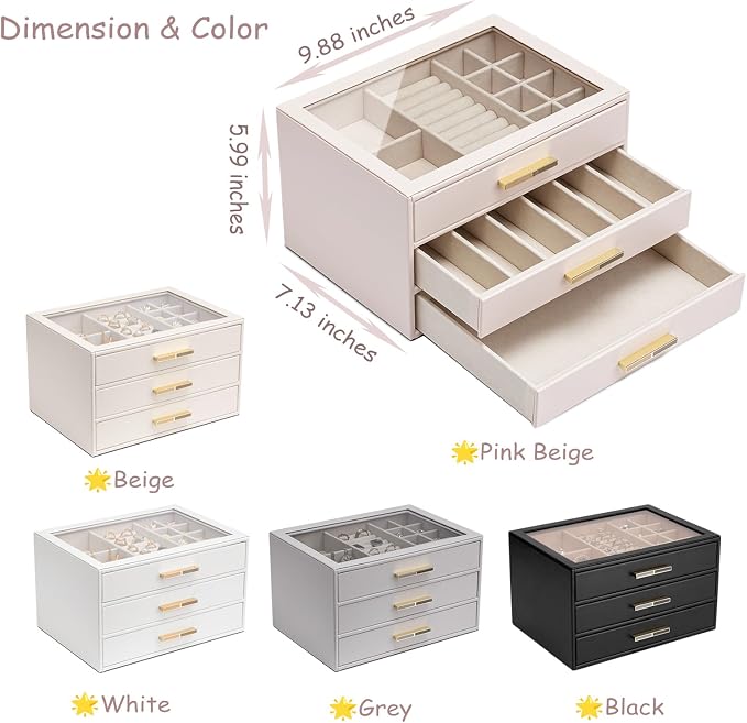 VLANDO 3-Drawer Jewelry Box with Glass Lid, Faux Leather Organizer for Rings Earrings Necklaces and More, Gift-Ready Jewelry Case for Women Girls or Moms, Beige
