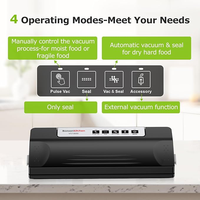 Bonsenkitchen Vacuum Sealer Machine for Food Storage,Black-Silver | Multi-Functional Food Sealer, 65kPa Suction, External Vacuum System , Compact Design with 5 Vacuum Bags