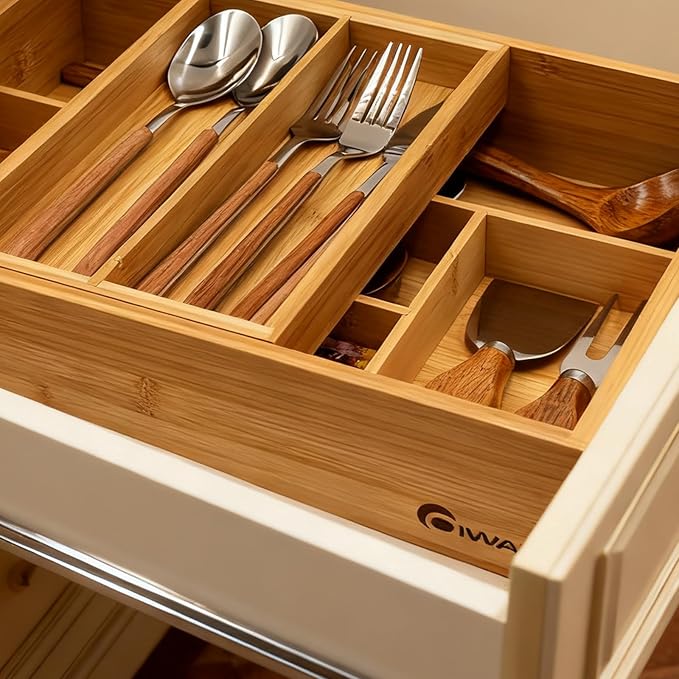 2-Tier Drawer Organizer with Removable Cutlery Tray Kitchen Utensil Silverware Drawer Organizer, Silverware Tray for Drawer Utensil Holder Bamboo Flatware Box for Utensils Stationery Cosmetics (M)