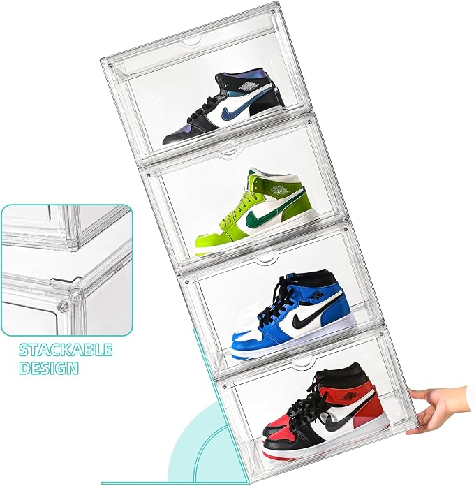 Clear Shoe Organizer,Stackable Shoe Display Case,Shoe Box Storage Bins with Magnetic Door,Fit Shoe Size Up to US 14 (X-Large-3Pack)