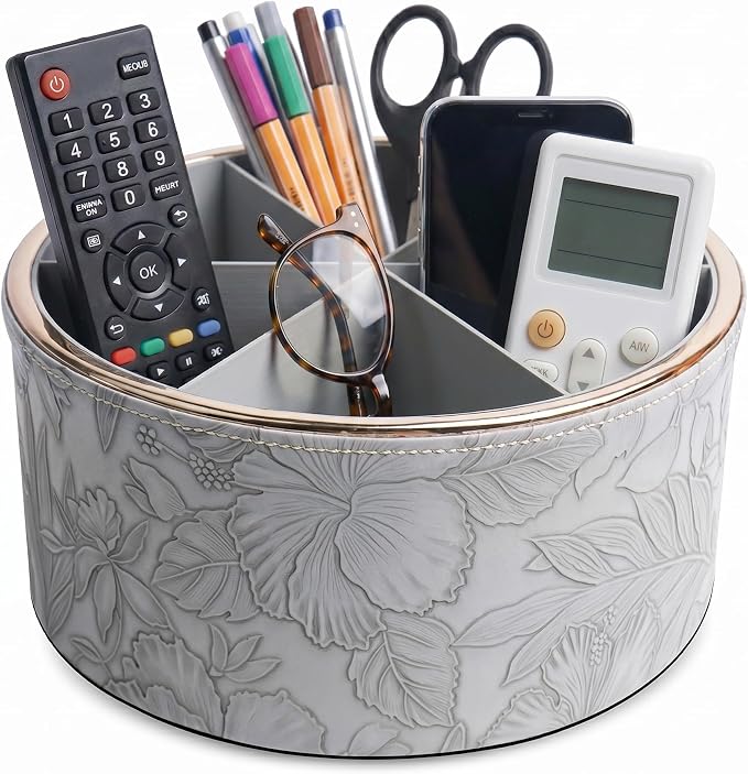 Remote Control Holder, 360°Spinning PU Leather Desk TV Remote Caddy,Desk Storage Box Room Accessories for Controller, Media,Mail,Calculator, Mobile Phone,Pencil(1B-Golden Grey)