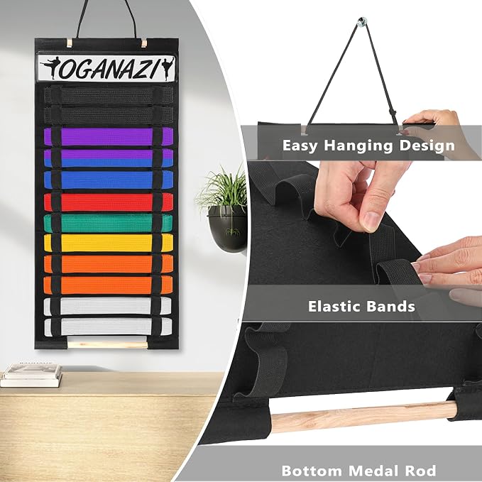 12 Belts Karate Belt Display Rack with Personalized Stickers, Taekwondo Belt Display Holder with Bamboo Medal Rack, Felt Jiu Jitsu Belt Hanging Holder for Taekwondo, Karate, BJJ Learners