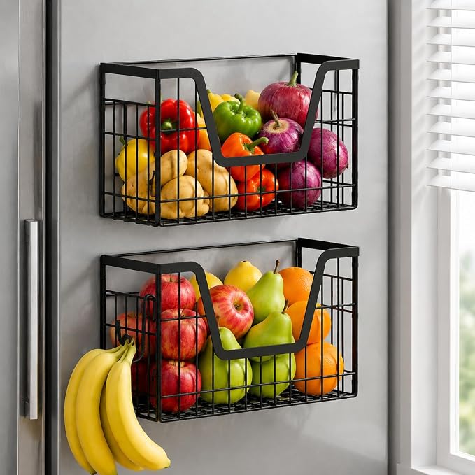 UFORU 2 Set Magnetic Shelf for Fridge, Magnetic Fruit Basket for Refrigerator, Potato Onion Storage Bins with Strong Magnets, Fridge Magnetic Spice Rack for Pantry Kitchen Counter Laundry Room, Black
